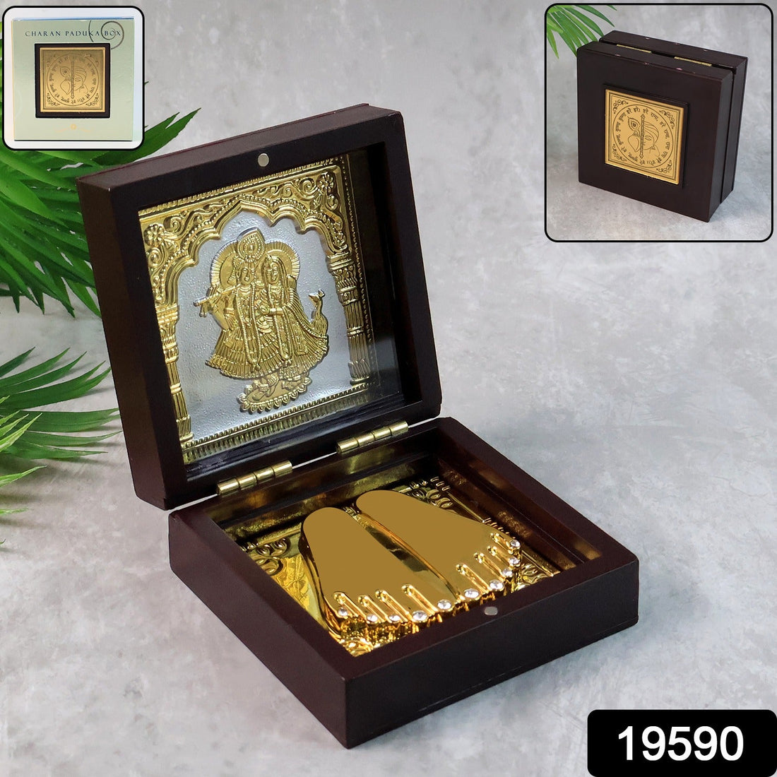Golden Charan Paduka in Wooden Box – Spiritual Gift & Pooja Accessory