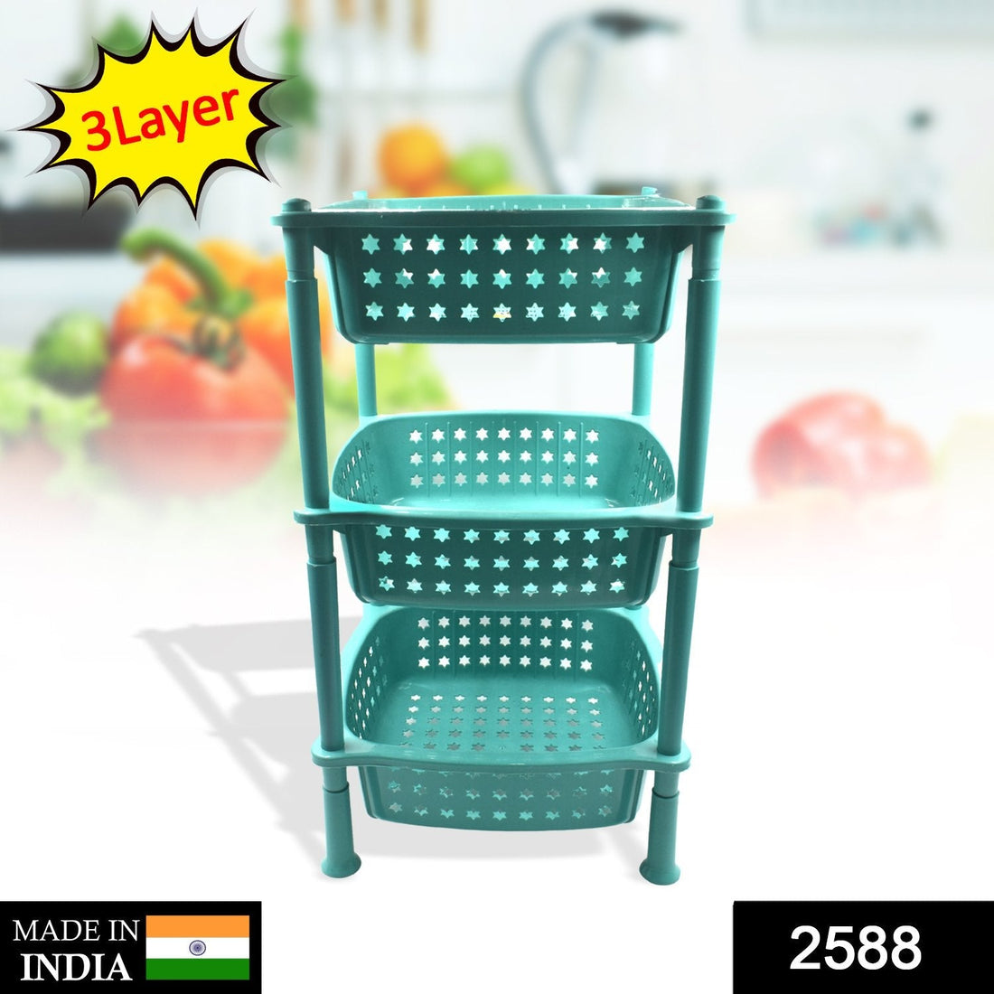 3-layer round kitchen trolley with basket