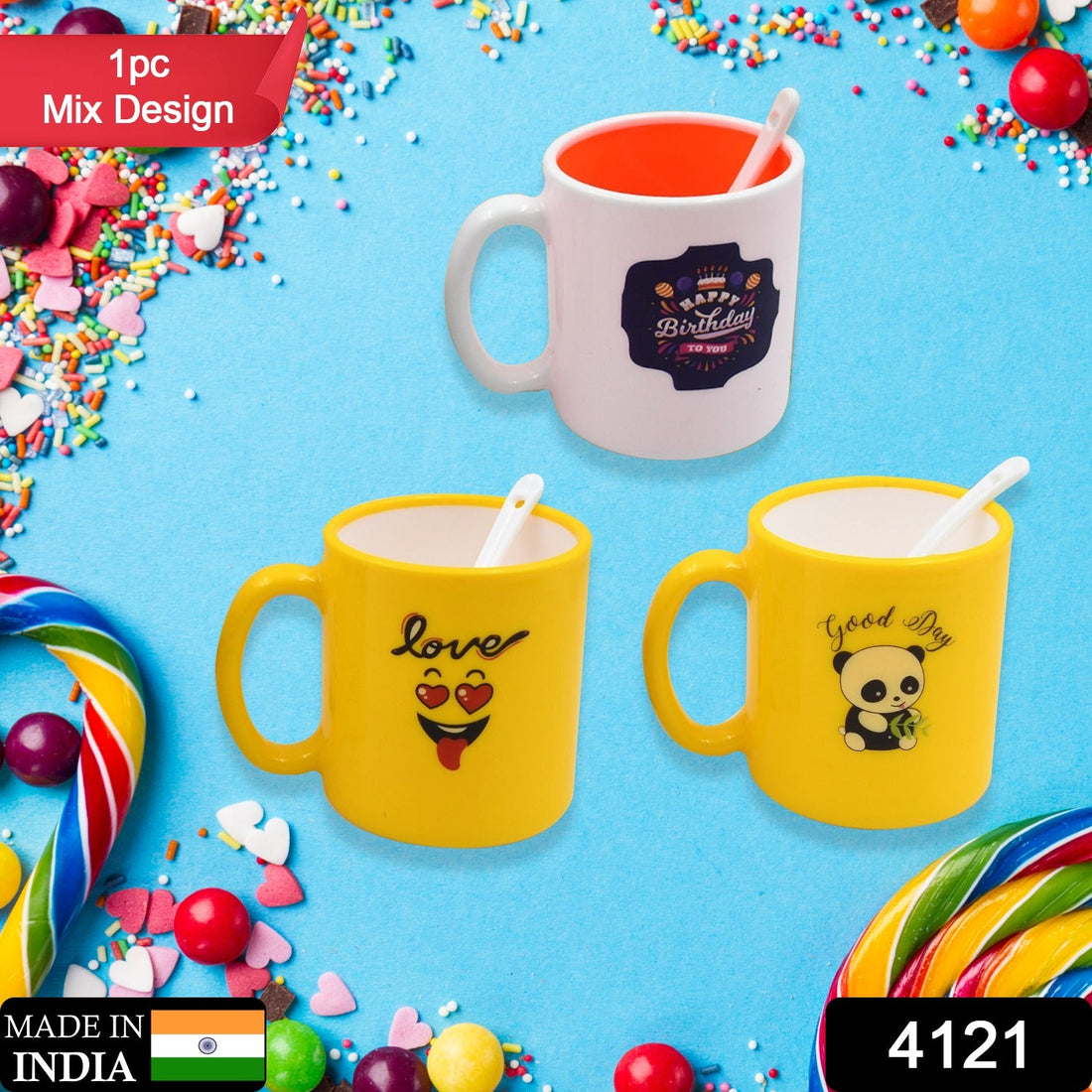 Mixed design coffee mug with spoon, ideal for all beverages
