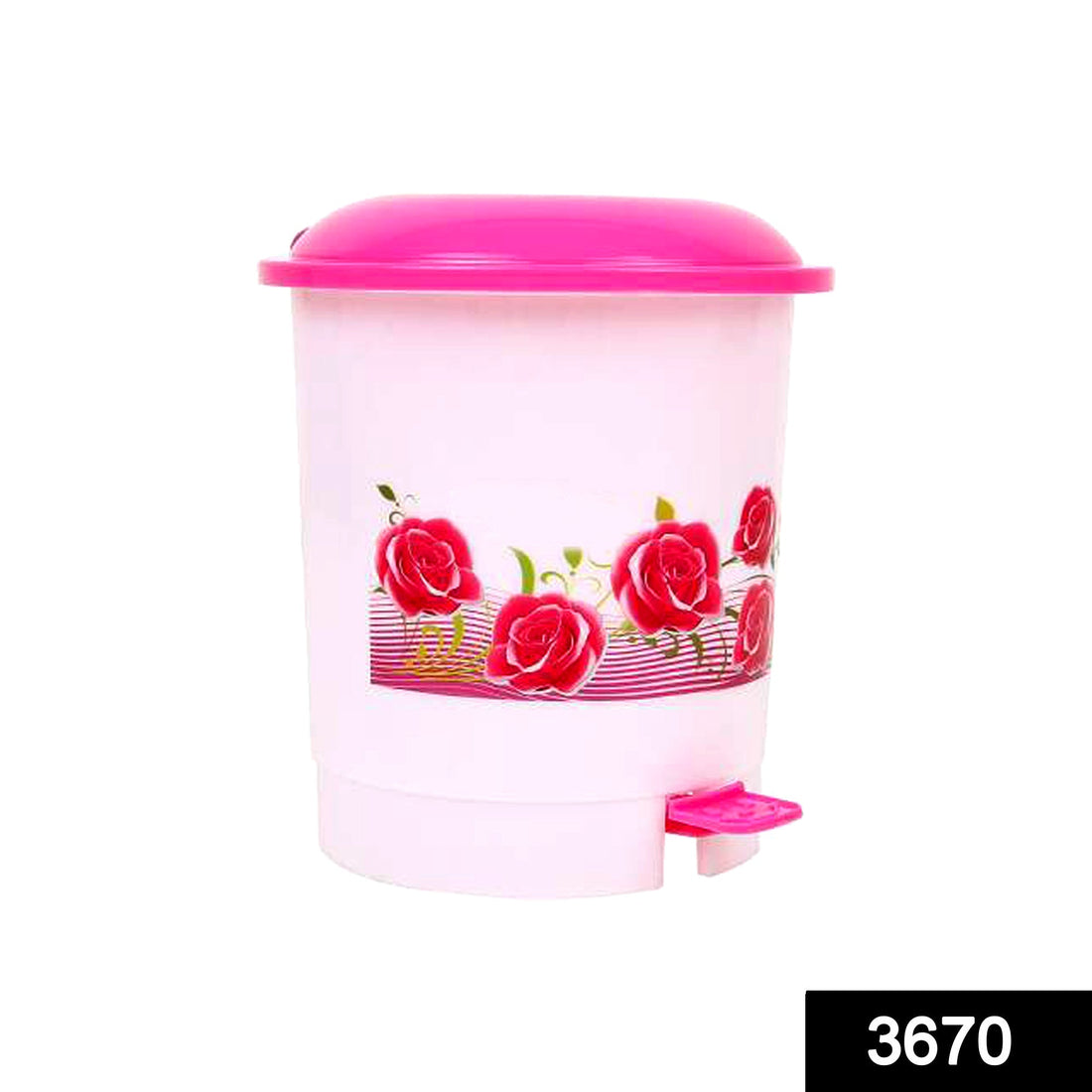 Small plastic pedal dustbin for home or office, easy hands-free use.