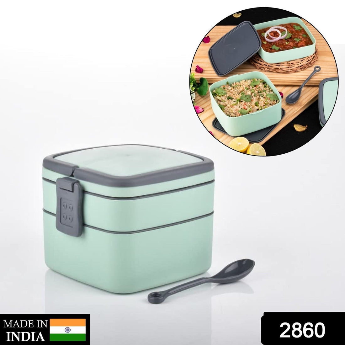 Green lunch box with handle and spoon for easy carrying
