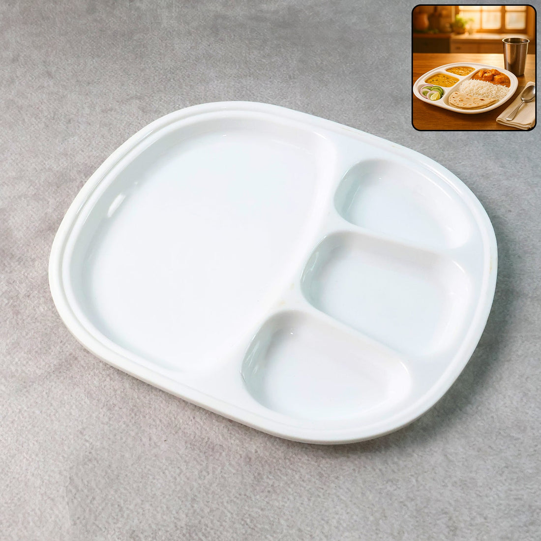 Plastic Large Compartment Dinner Plate / Thali with 4 Sections