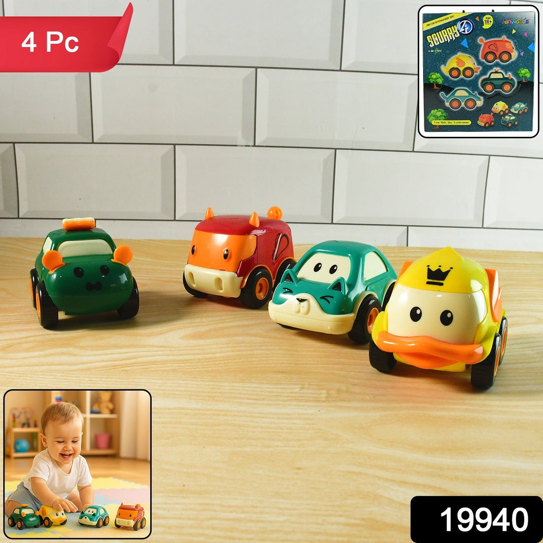 Funwoods Animal Cartoon Pull-Back Toy Car - (4 Pc / Set)