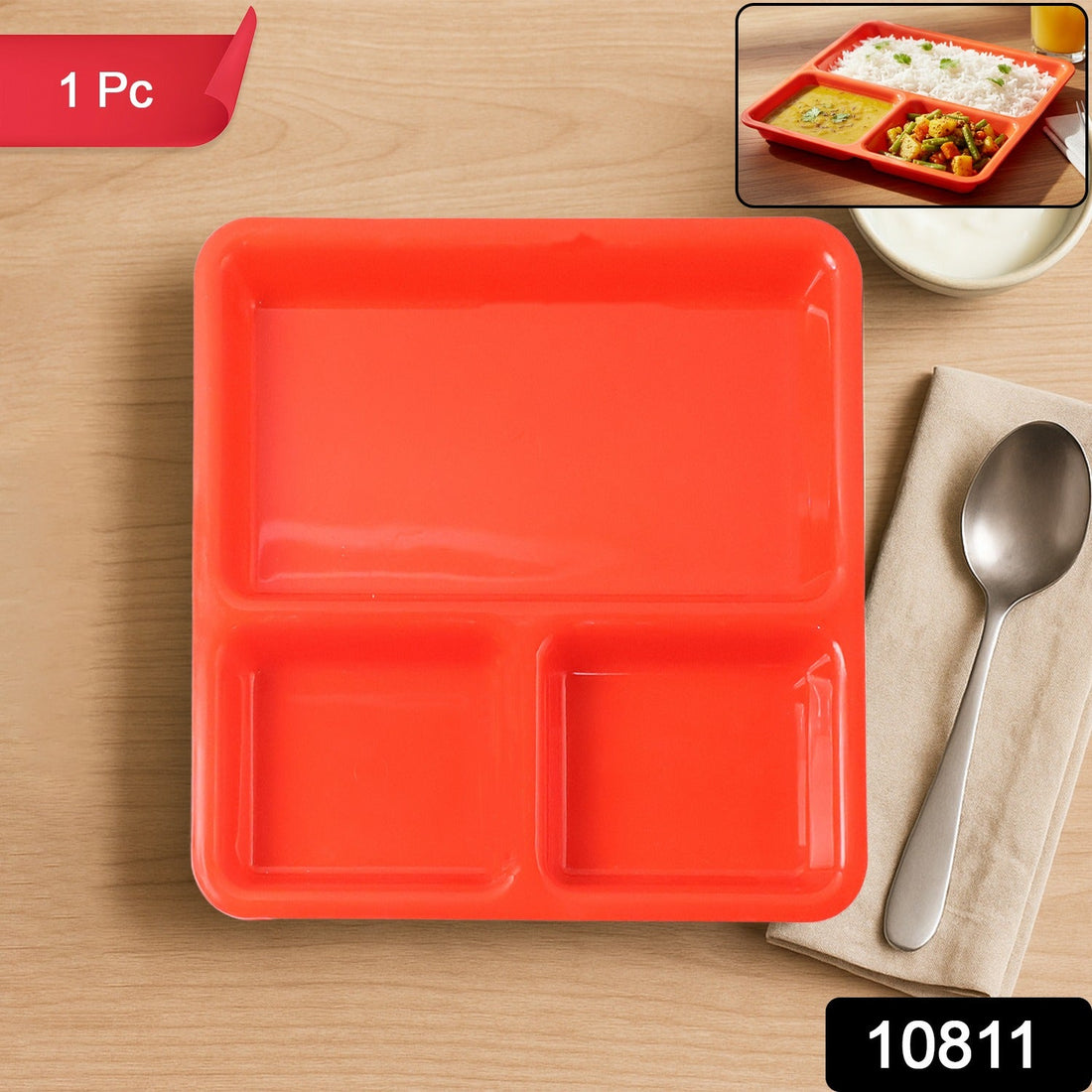 Plastic 3-Compartment Rectangular Meal Serving Tray / Plates (1 Pc)