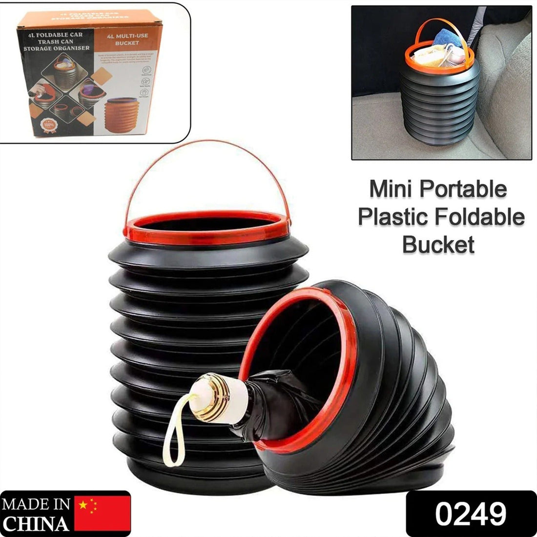 Foldable storage bucket ideal for home, car, and kitchen use, also functions as a dustbin.