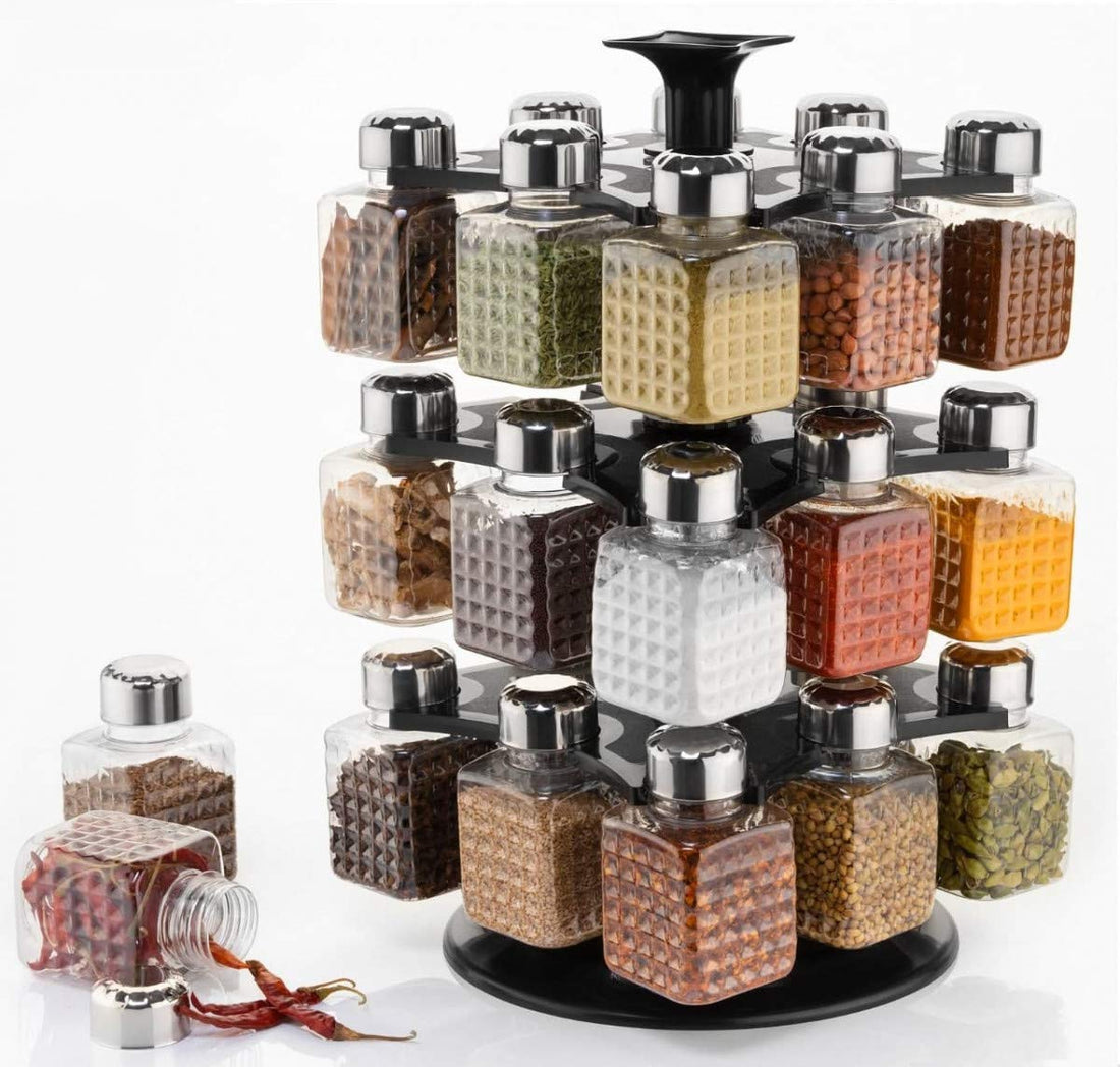24-piece revolving spice rack with square containers for condiments