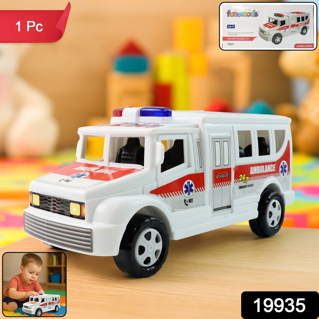 Funwoods Friction Powered Ambulance Toy for Kids (1 Pc)