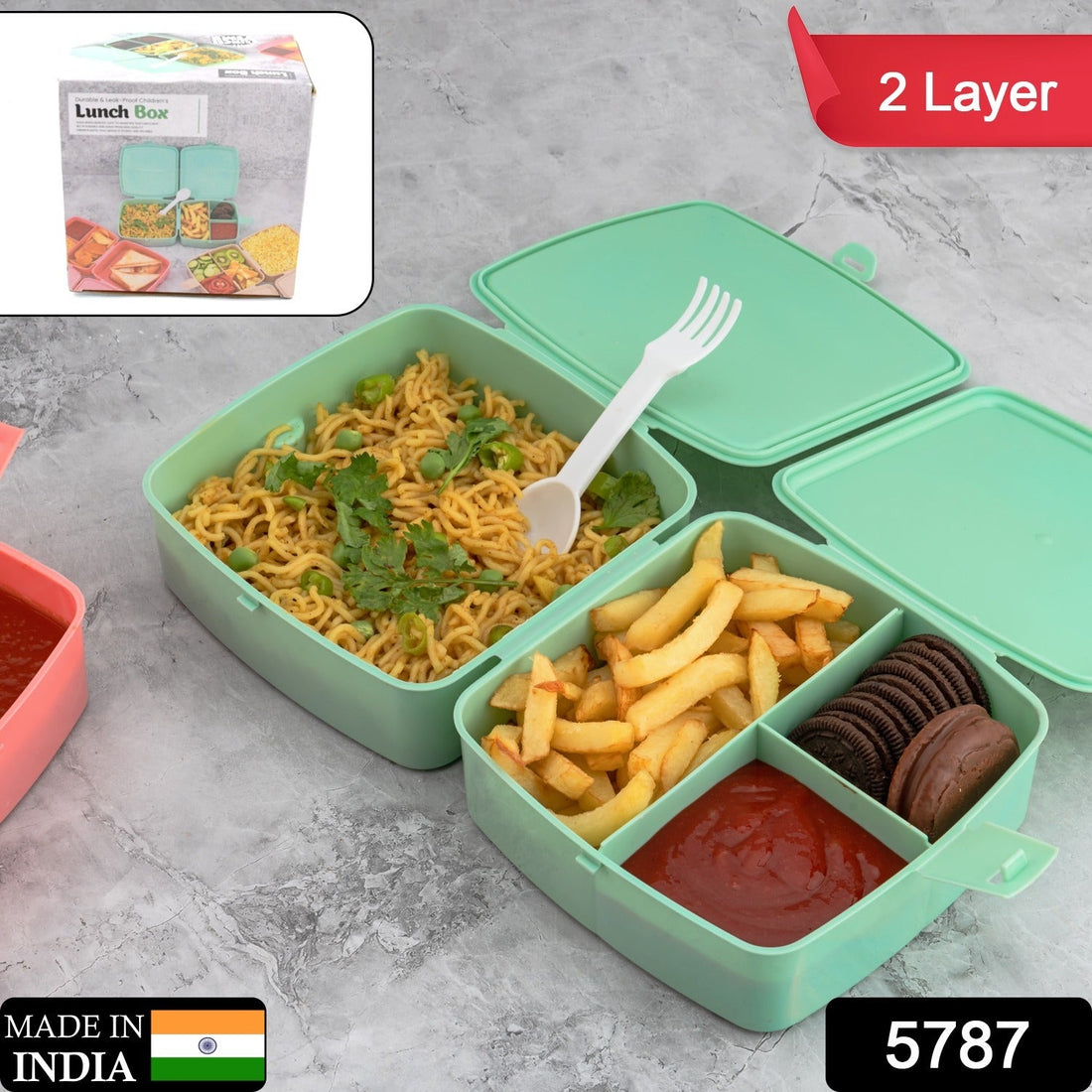 Double-layer lunch box with spoon and 4 compartments