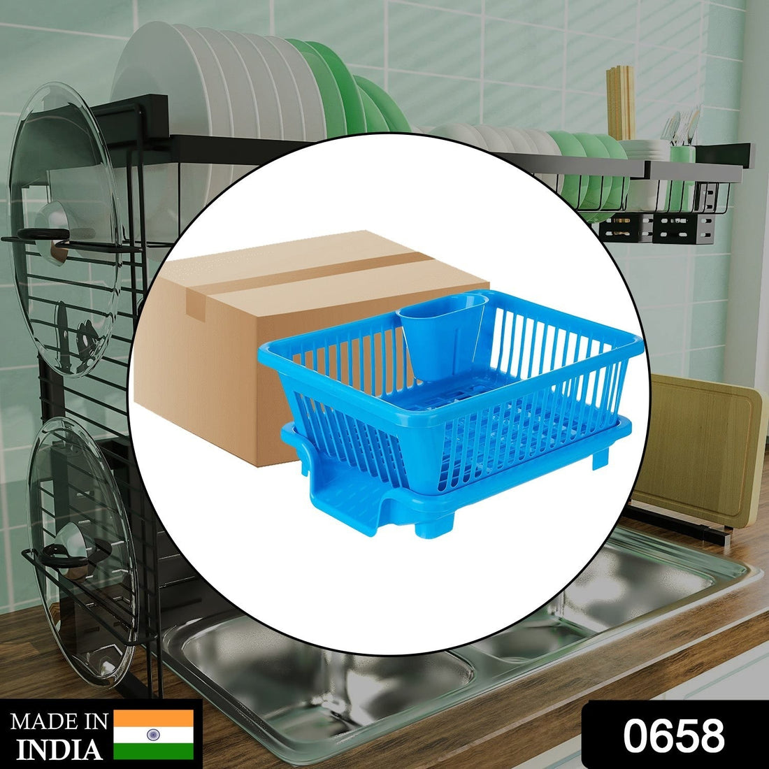 Plastic sink dish drainer drying rack in a box, designed to hold dishes and cutlery