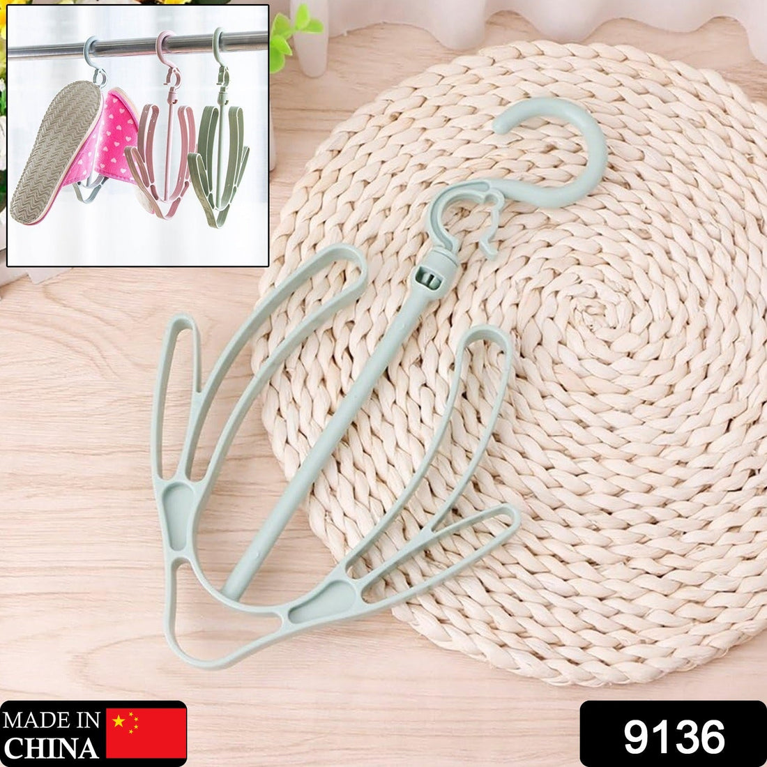 Rotatable and space-saving shoe hanger for drying shoes, designed for closet or balcony.