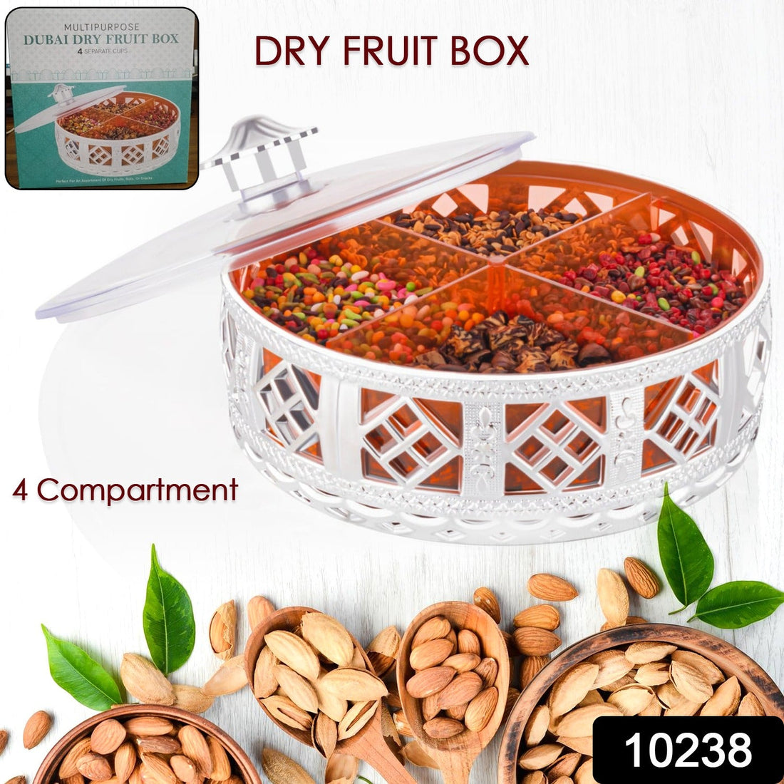4-Compartment Round Silver Box for Dry Fruits