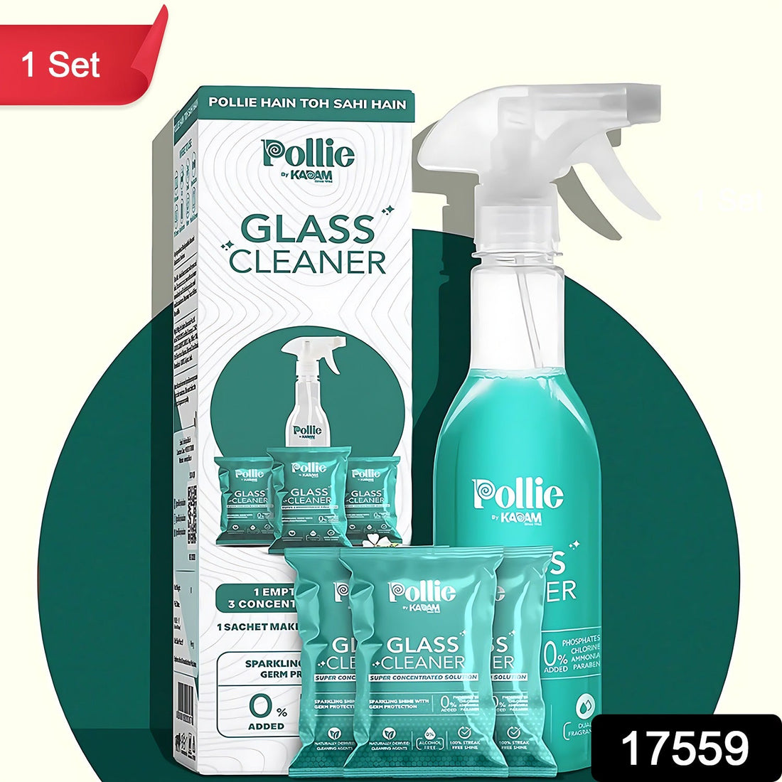 Pollic Kadam Concentrated Glass & Mirror Cleaner Refill Kit with Reusable Spray Bottle