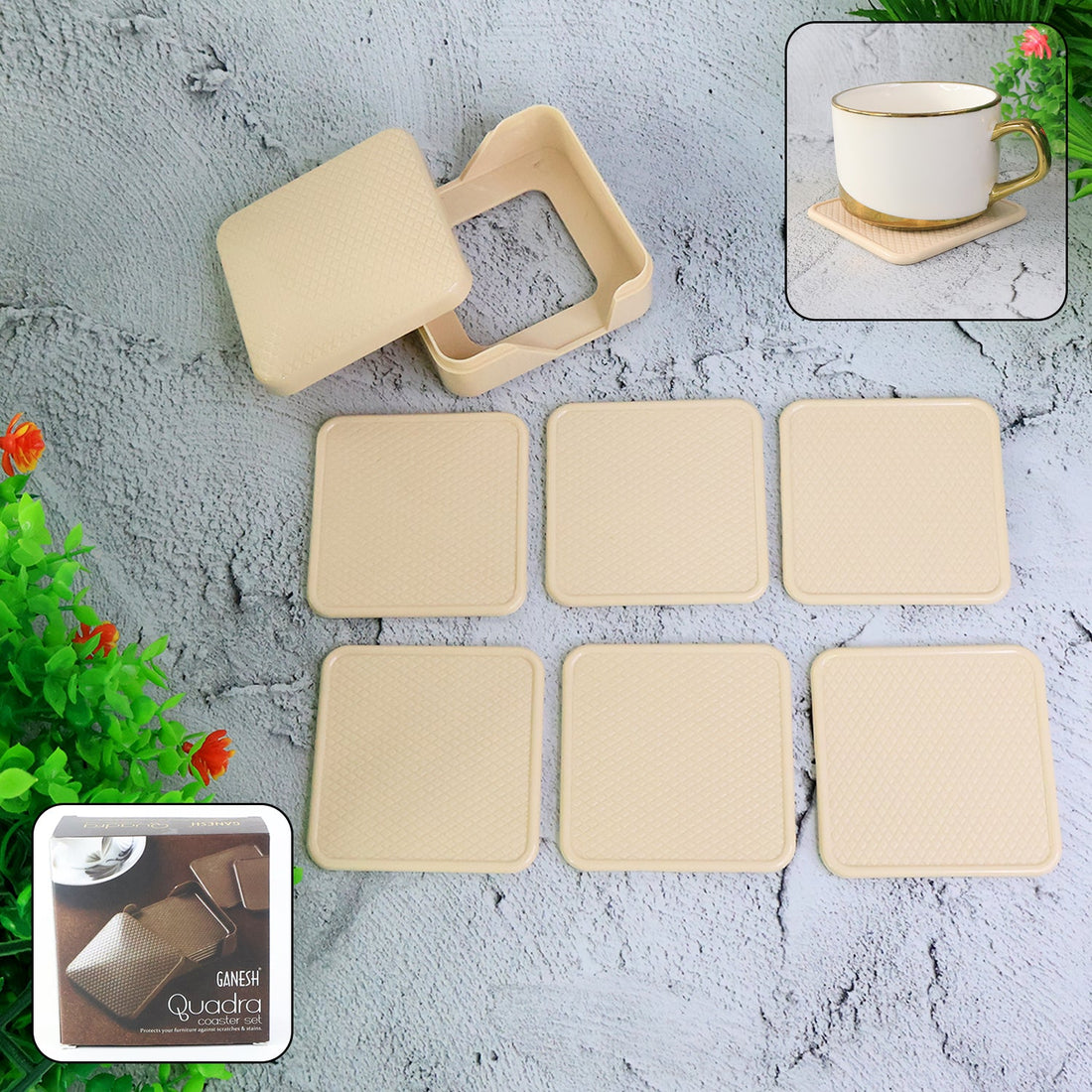 Ganesh Premium Square Coasters with Storage Box (6 Pc / Set)