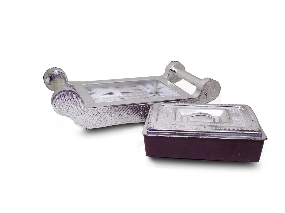 Elegant silver storage box with four sections for gifts and storage.