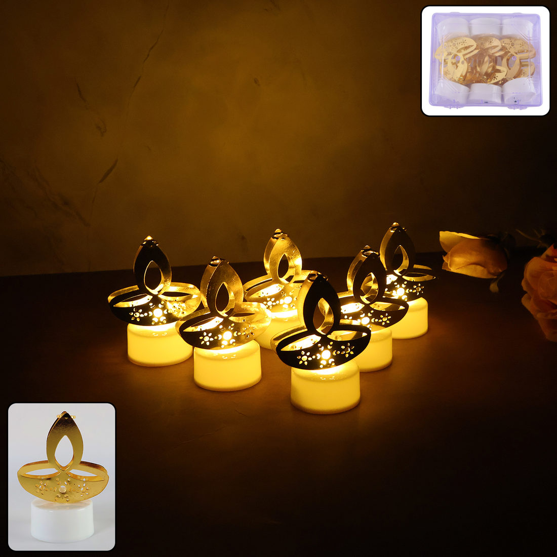 Golden Diya Shaped LED Tealight Candles (6 Pc)