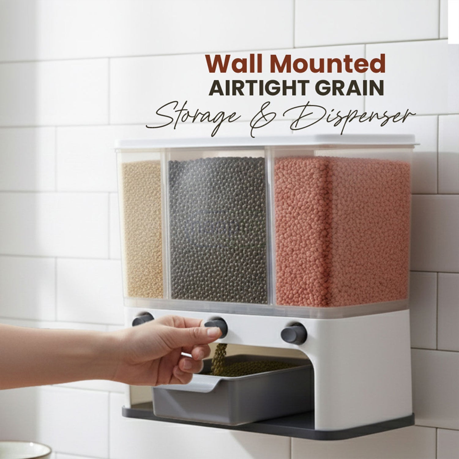 Easy Flow Cereal Dispenser for Kitchen 3 in 1 Push Button Wall Mount Container