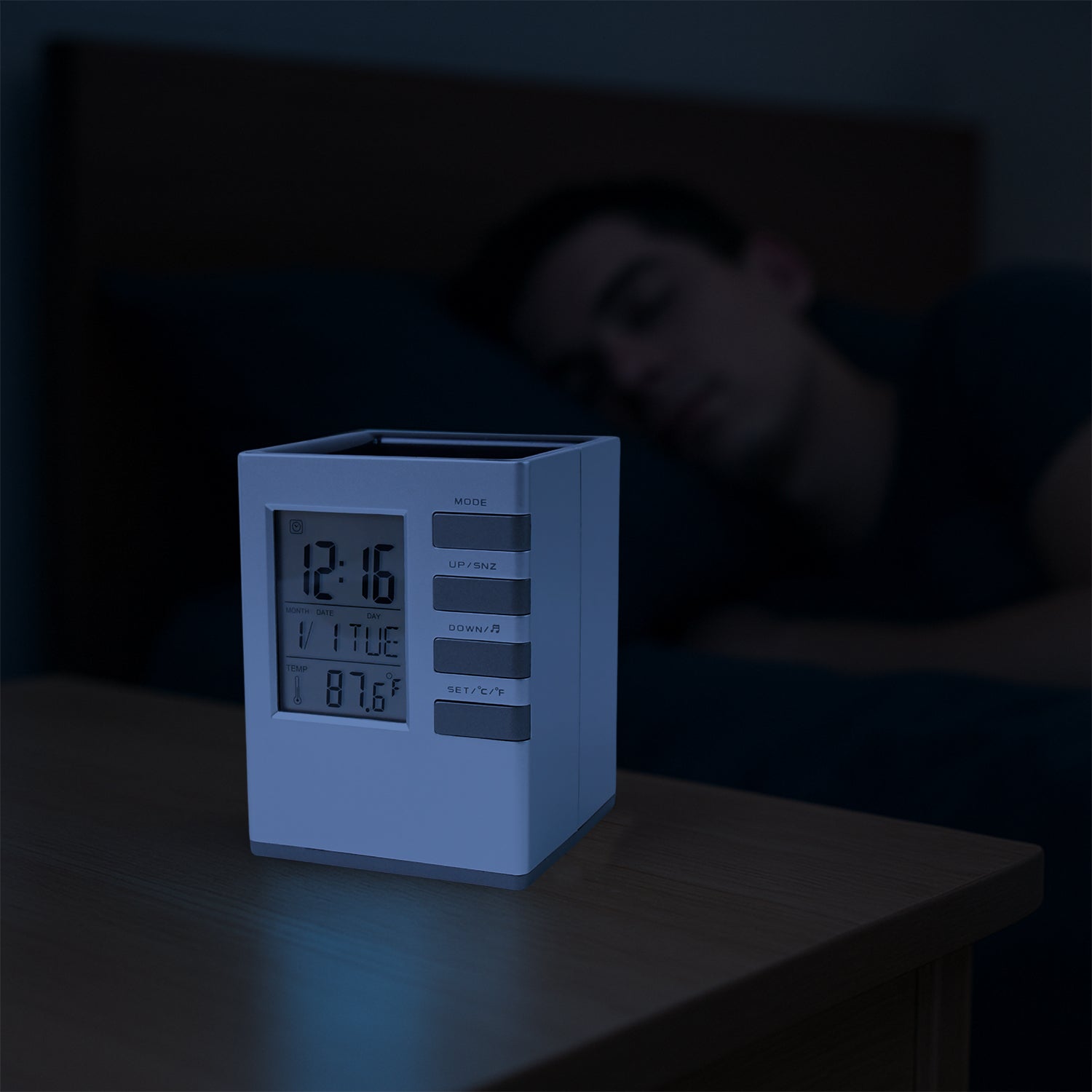 Cube Shape Digital Desk Clock with Pen Storage