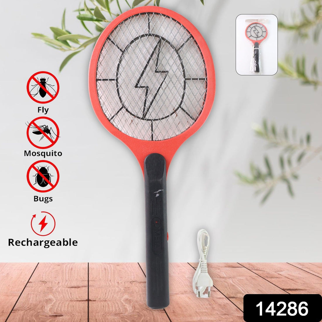 Red Rechargeable Electric Mosquito Killer Racket with Cable