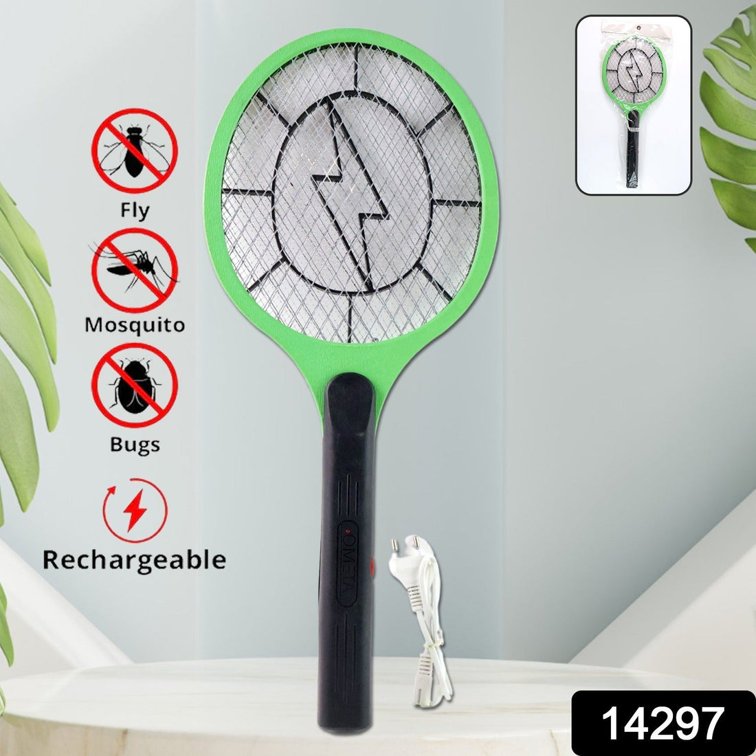 Green Rechargeable Electric Mosquito Killer Racket with Cable