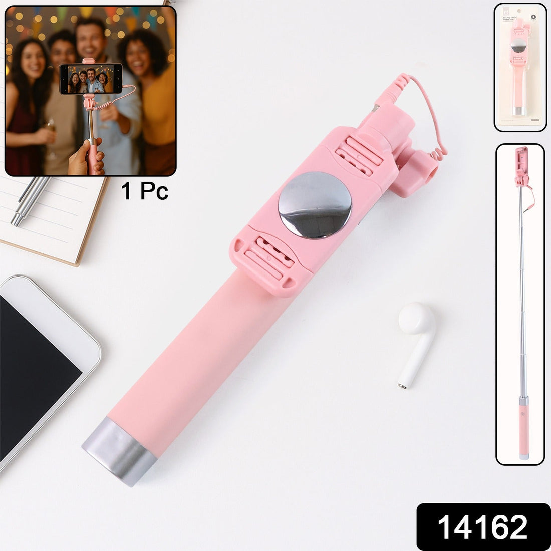 Wired Selfie Stick with Rearview Mirror & Built-In Shutter Button (1 Pc)