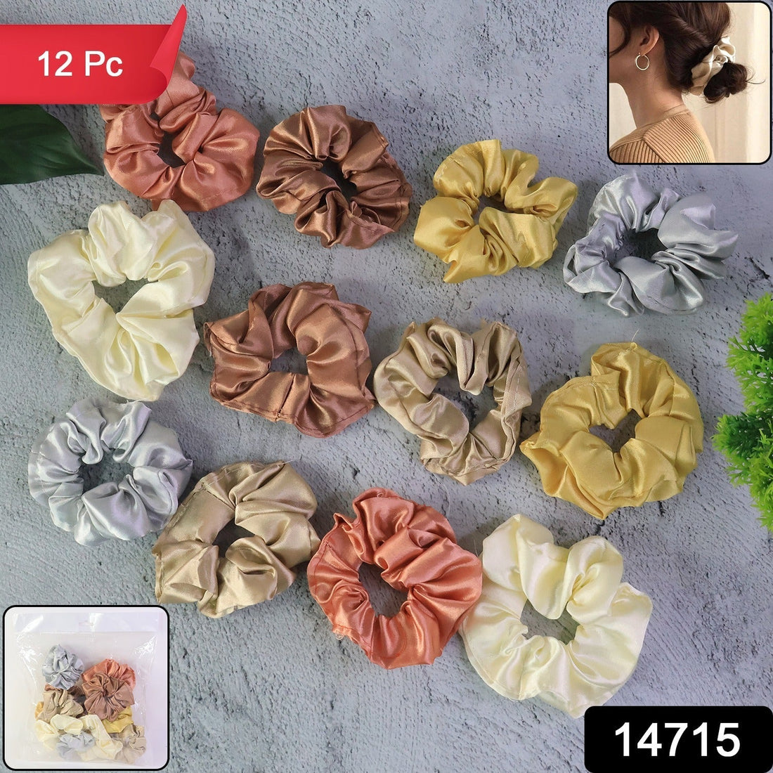 Premium Satin Hair Scrunchies / Elastic Hair Ties for Women & Girls (12 Pc)
