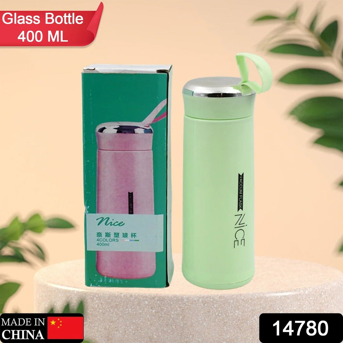 Water bottle 400ml leak proof, glass water bottle with daily water intake for gym and children, Nice Bottle (1 pc / Light Green Color)