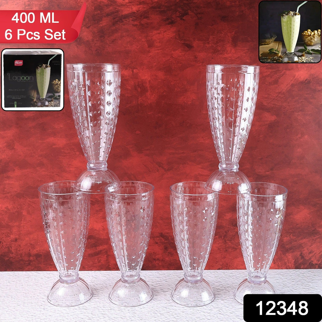 Supermom Transparent Plastic Milkshake Glass Set (400ML / 6 Pc)
