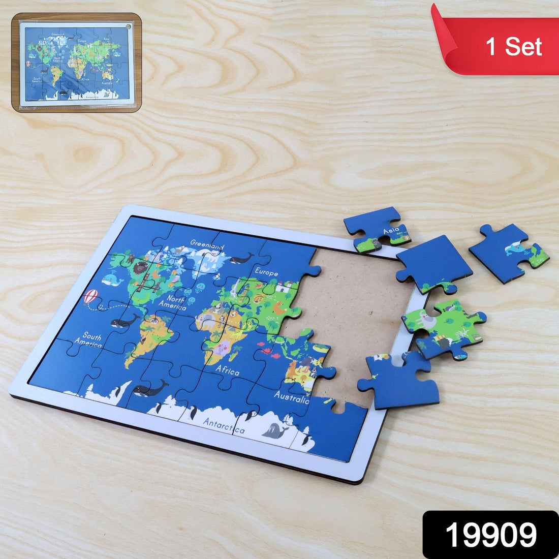 Educational Wooden World Map Puzzle for Kids - (1 Set)