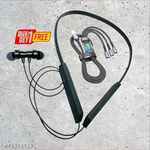 Wireless Bluetooth Neckband With 3 In 1 Charging Cable (Black, Set of 2)