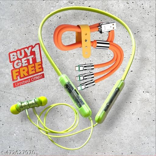 Wireless Bluetooth Neckband With 3 In 1 Charging Cable (Black & Orange, Set of 2)