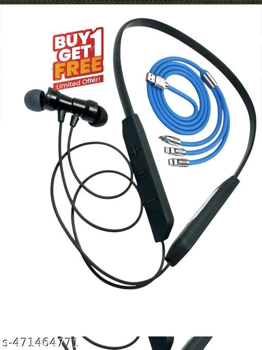 Wireless Bluetooth Neckband With 3 In 1 Charging Cable (Black & Blue, Set of 2)