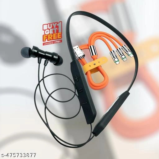 Wireless Bluetooth Neckband With 3 In 1 Charging Cable (Black & Orange, Set of 2)
