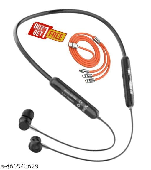 Wireless Bluetooth Neckband With 3 In 1 Charging Cable (Black & Orange, Set of 2)
