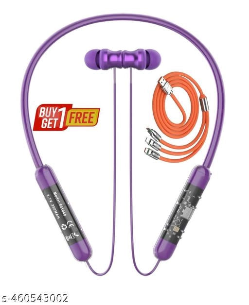 Wireless Bluetooth Neckband With 3 In 1 Charging Cable (Purple & Orange, Set of 2 )