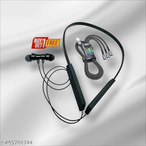 Wireless Bluetooth Neckband With 3 In 1 Charging Cable (Black, Set of 2)