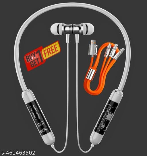 Wireless Bluetooth Neckband With 3 In 1 Charging Cable (White & Orange, Set of 2)