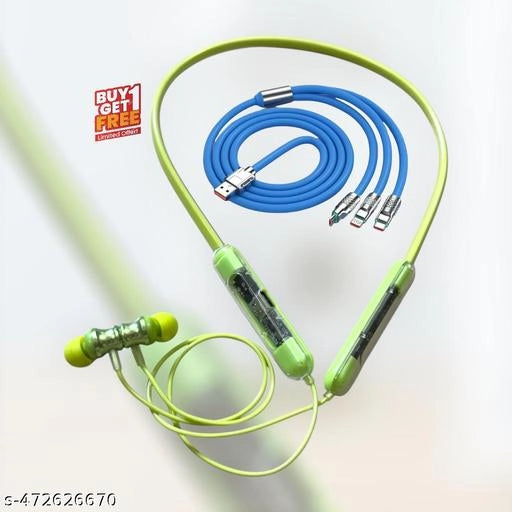 Wireless Bluetooth Neckband With 3 In 1 Charging Cable (Green & Blue, Set of 2)