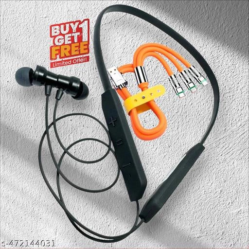 Wireless Bluetooth Neckband With 3 In 1 Charging Cable (Black & Orange, Set of 2)