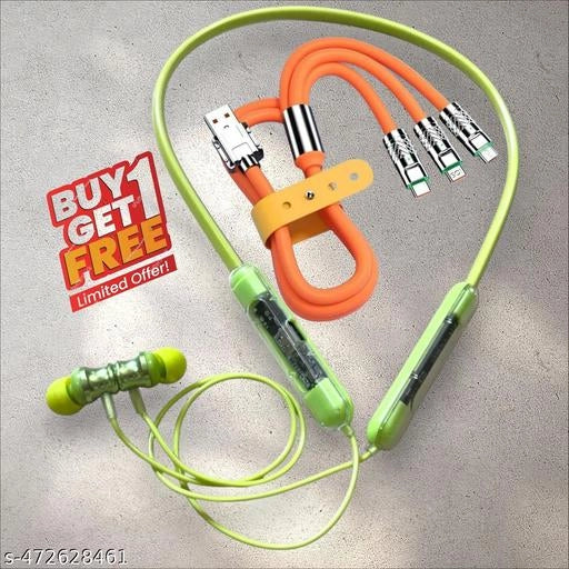 Wireless Bluetooth Neckband With 3 In 1 Charging Cable (Green & Orange, Set of 2)