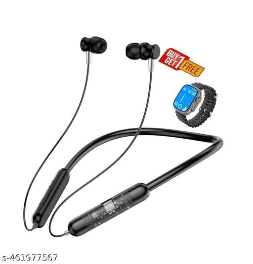 Wireless Bluetooth Neckband With Smartwatch (Black, Set of 2)