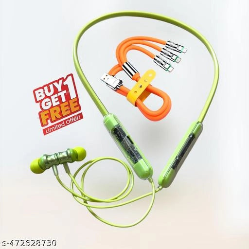 Wireless Bluetooth Neckband With 3 In 1 Charging Cable (Green & Orange, Set of 2)