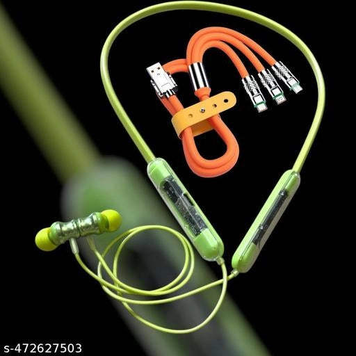 Wireless Bluetooth Neckband With 3 In 1 Charging Cable (Green & Orange, Set of 2)