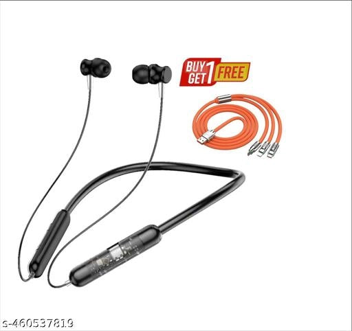 Wireless Bluetooth Neckband With 3 In 1 Charging Cable (Black & Orange, Set of 2)