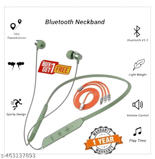 Wireless Bluetooth Neckband With 3 In 1 Charging Cable (Green & Orange, Set of 2)