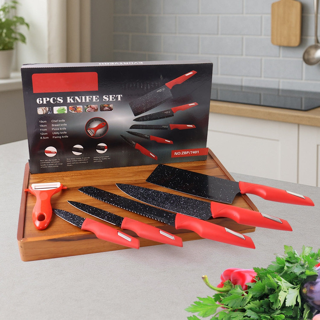 Kitchen Knife Set with Marble-Coated Blades & Red Handles (6 Pc)