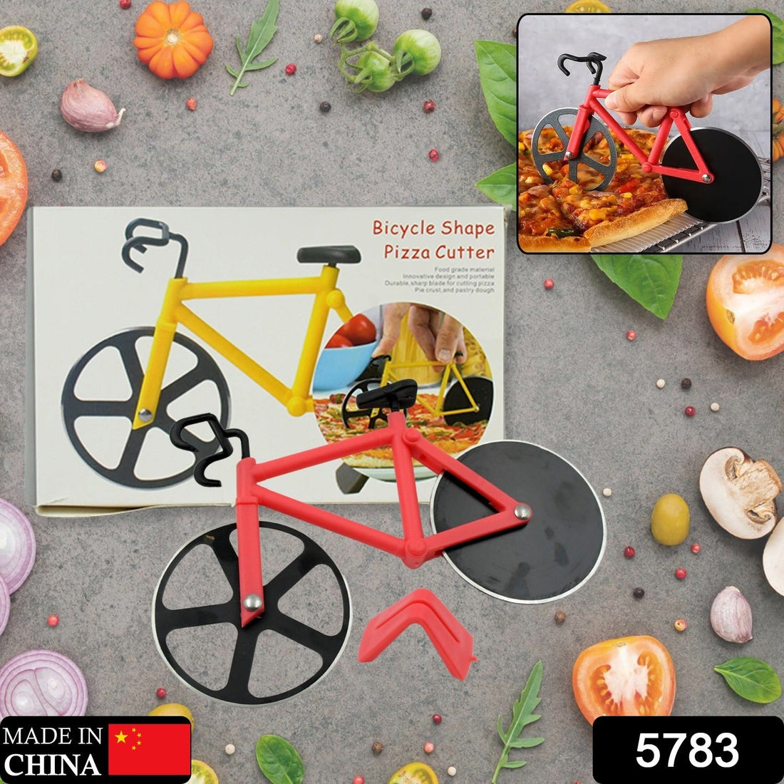 Bicycle-shaped pizza cutter with stainless steel blades and an unbreakable handle.