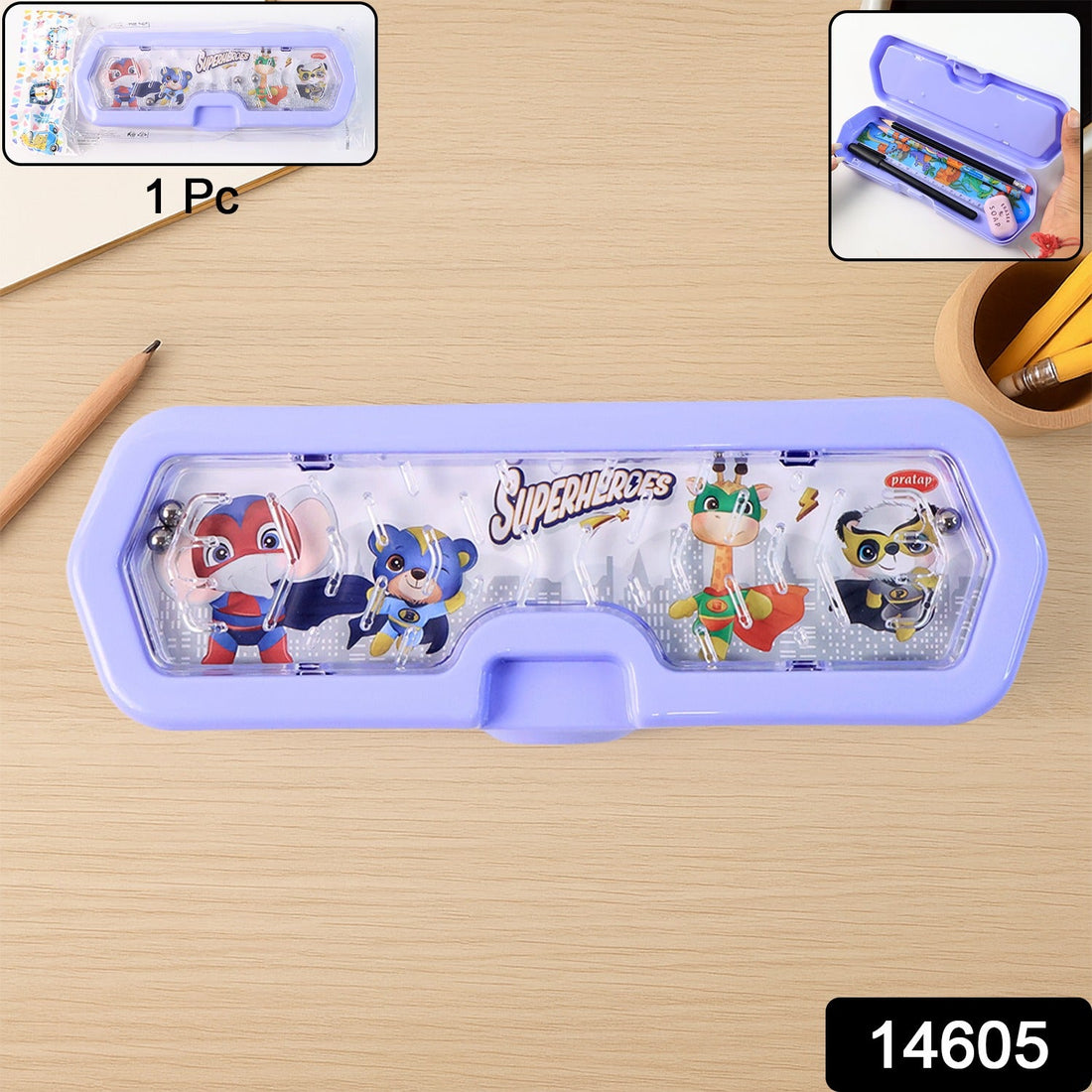 Cartoon Character Printed Plastic Pencil Box with Built-in Maze Puzzle Game (1 Pc)