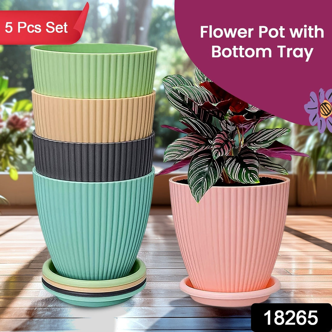 Plastic Flower Pot with Bottom Tray (5 Pcs Set)
