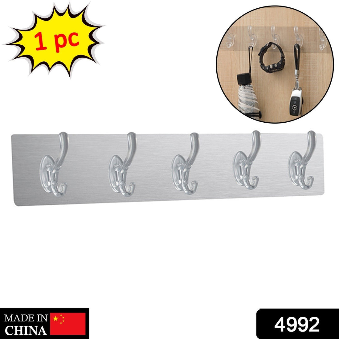 Heavy-duty transparent wall hook, adhesive-backed