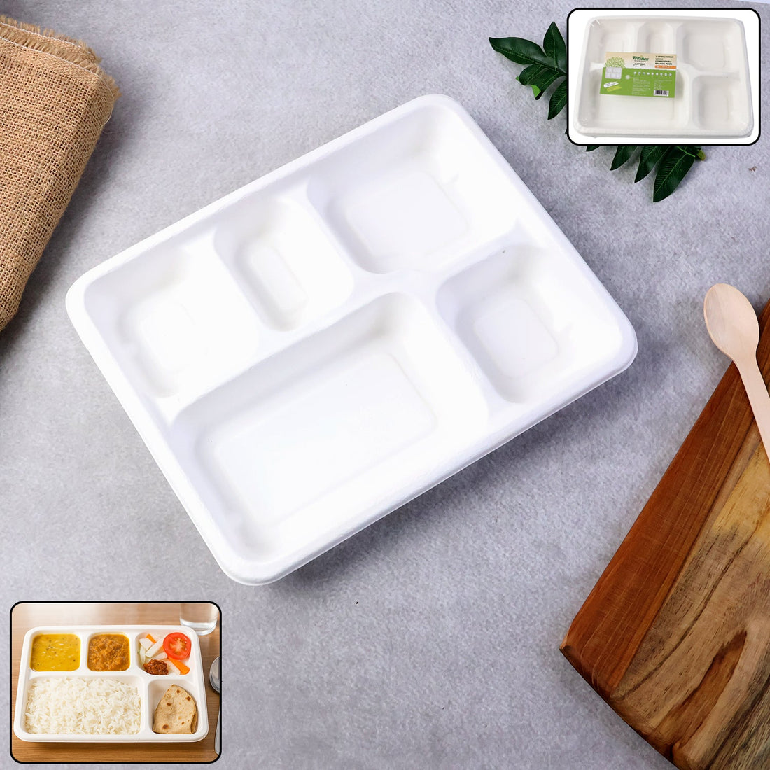 5-Compartment Rectangle Lunch Compostable Bagasse Plate – 10 Pcs Pack